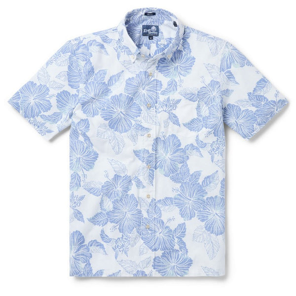Short-sleeve shirt with blue floral pattern on a white background