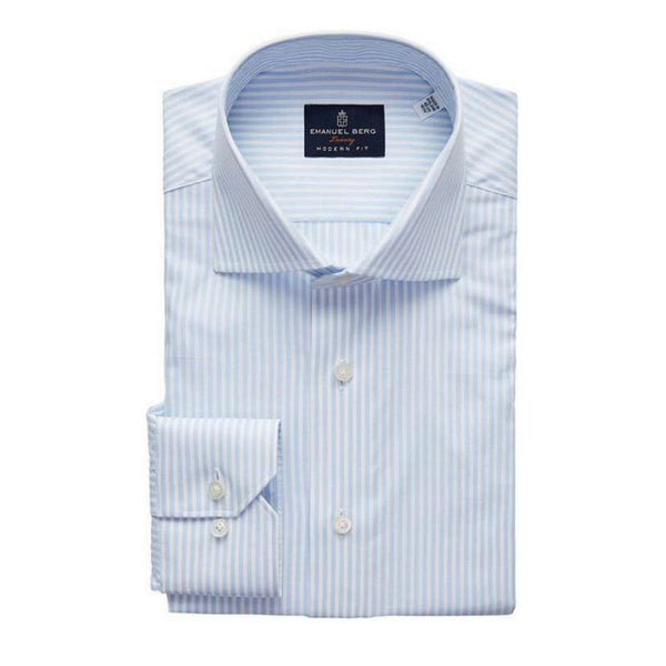 Light blue striped dress shirt with a collar on a white background