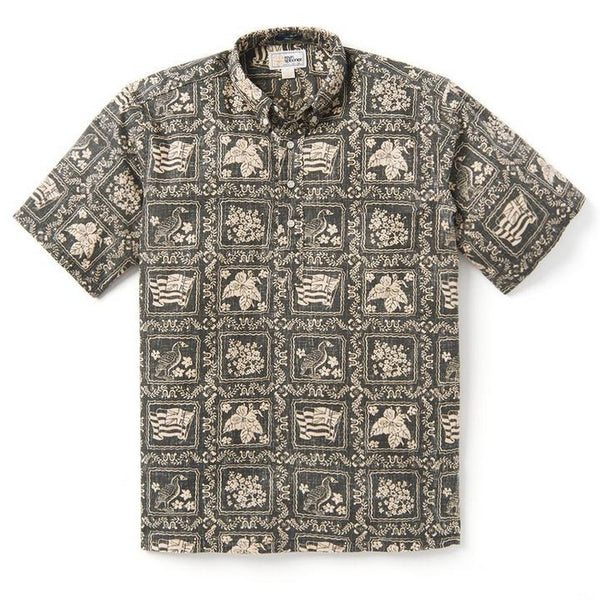 black background with tan hawaiian flags block print