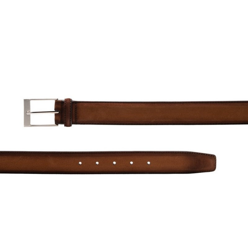 Brown leather belt with silver buckle on a white background