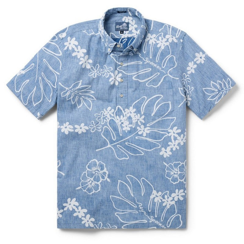 Blue shirt with white floral and leaf patterns on a white background
