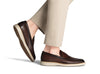 Brown loafers worn with beige pants on a white background