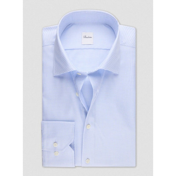Light blue checkered dress shirt on a light gray background