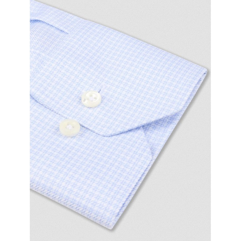Light blue checkered shirt with pearl buttons on a light gray background