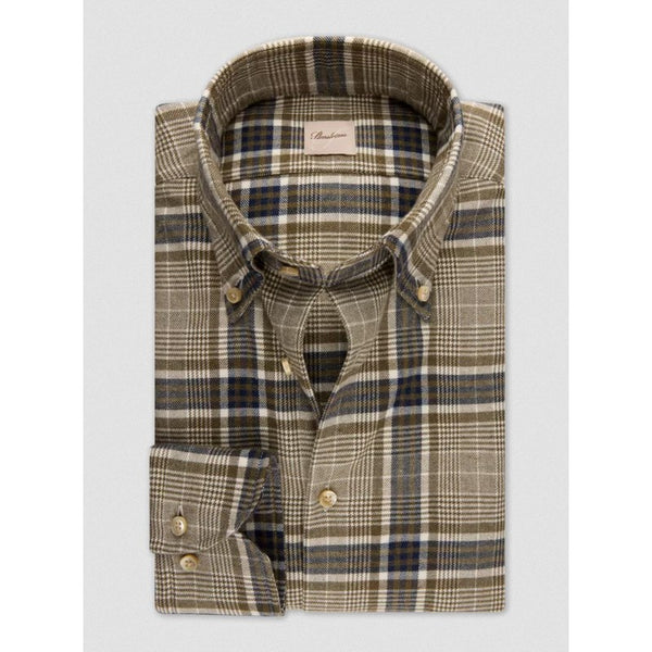 Plaid shirt with a brand label on a light gray background