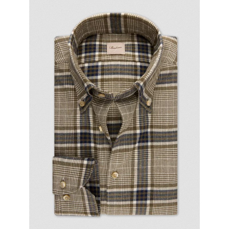 Plaid shirt with a brand label on a light gray background