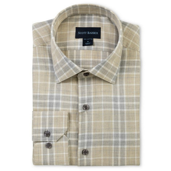 Plaid shirt with Scott Barber label on a white background
