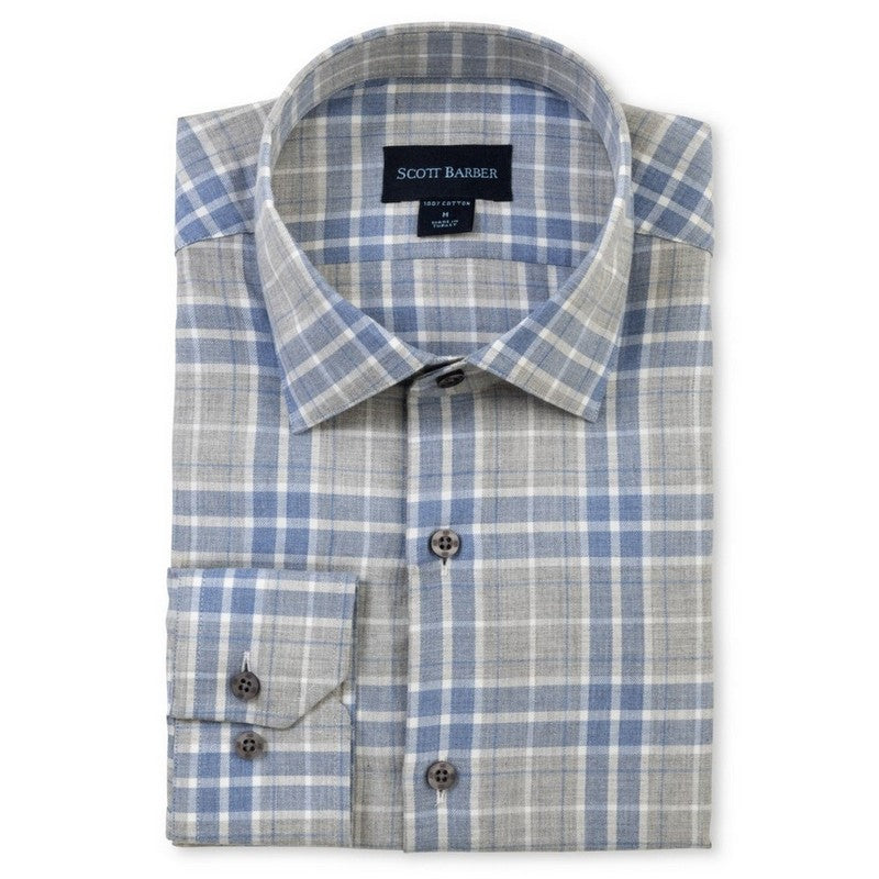 Folded blue and gray plaid shirt with Scott Barber label on a white background