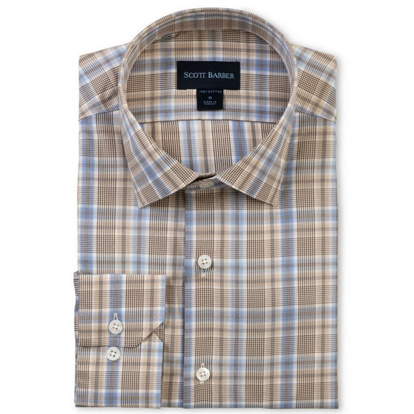Plaid dress shirt with Scott Barber label on a white background