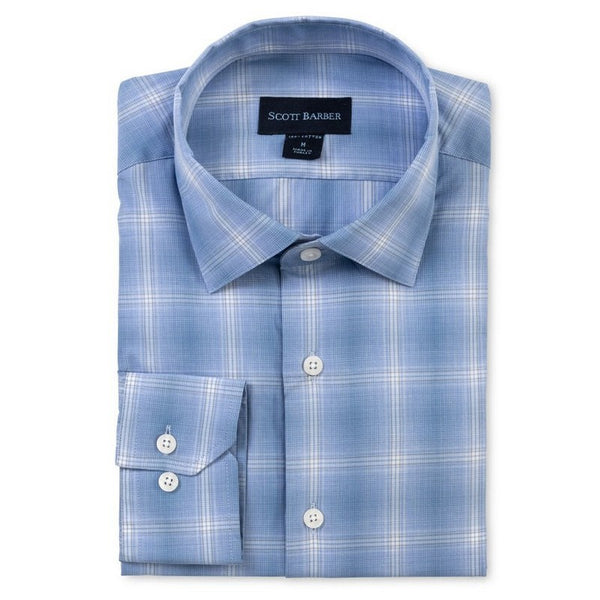 Blue checkered dress shirt with Scott Barber label on a white background