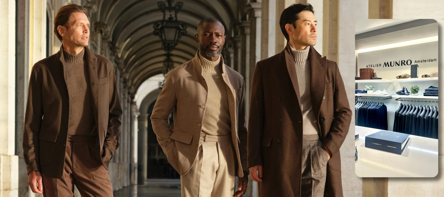three men wearing earth tones from Atelier Munro for Fall 2026 