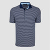 Striped polo shirt with a blue collar on a light gray background