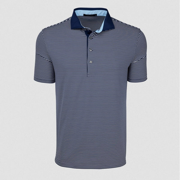 Striped polo shirt with a blue collar on a light gray background