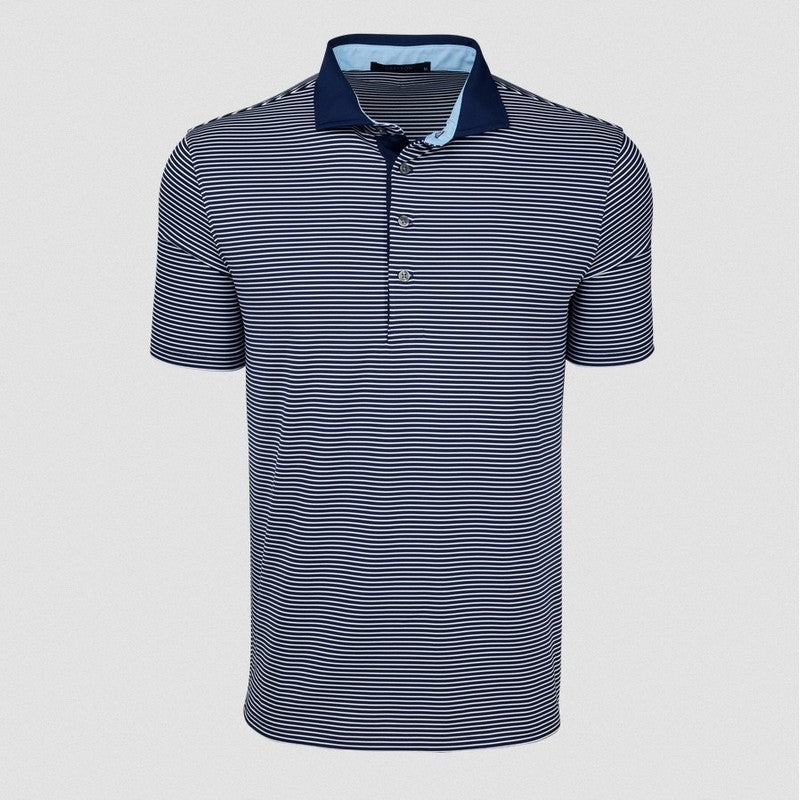 Striped polo shirt with a blue collar on a light gray background