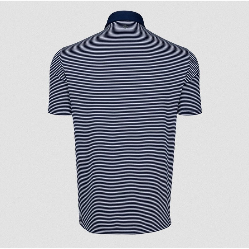Navy and white striped polo shirt on a light gray background