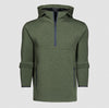 An olive green quarter-zip pullover hoodie with a dark navy blue zipper and lining, displayed on a light gray background.