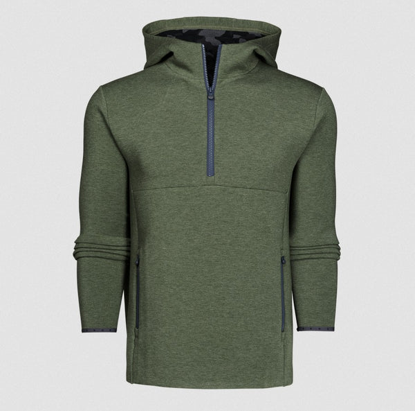 An olive green quarter-zip pullover hoodie with a dark navy blue zipper and lining, displayed on a light gray background.