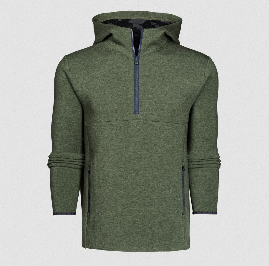 An olive green quarter-zip pullover hoodie with a dark navy blue zipper and lining, displayed on a light gray background.