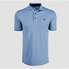 Blue polo shirt with a small logo on a light gray background