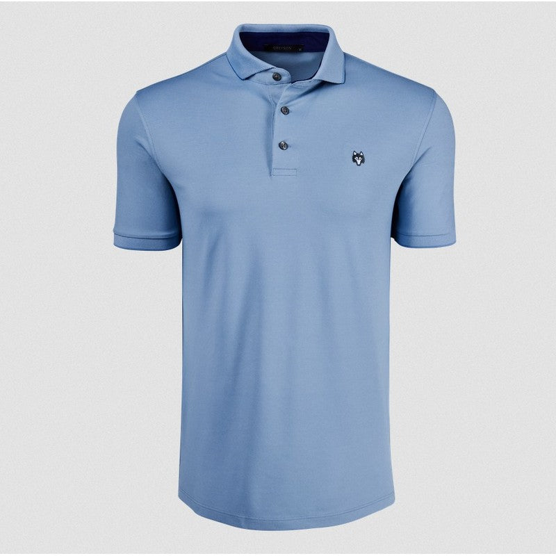 Blue polo shirt with a small logo on a light gray background