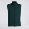 A dark green sleeveless zip-up vest with a stand collar, displayed against a light gray background.