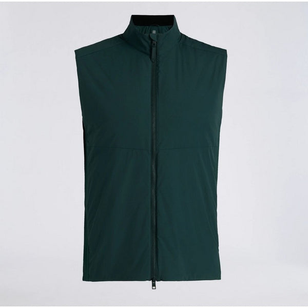 A dark green sleeveless zip-up vest with a stand collar, displayed against a light gray background.