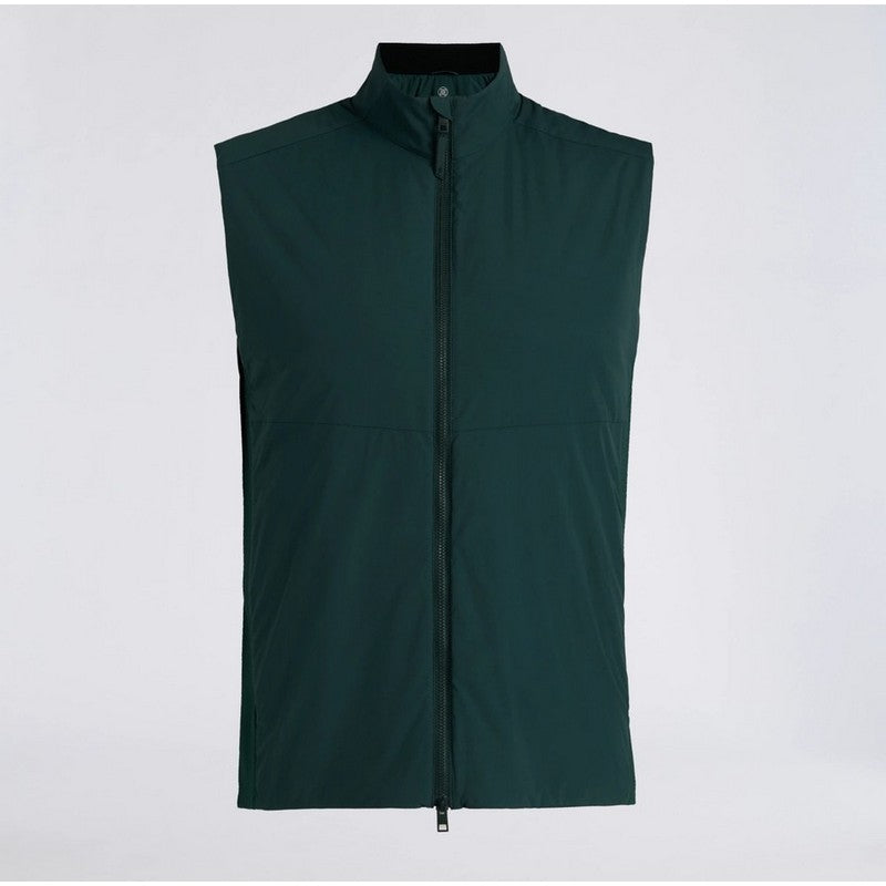 A dark green sleeveless zip-up vest with a stand collar, displayed against a light gray background.