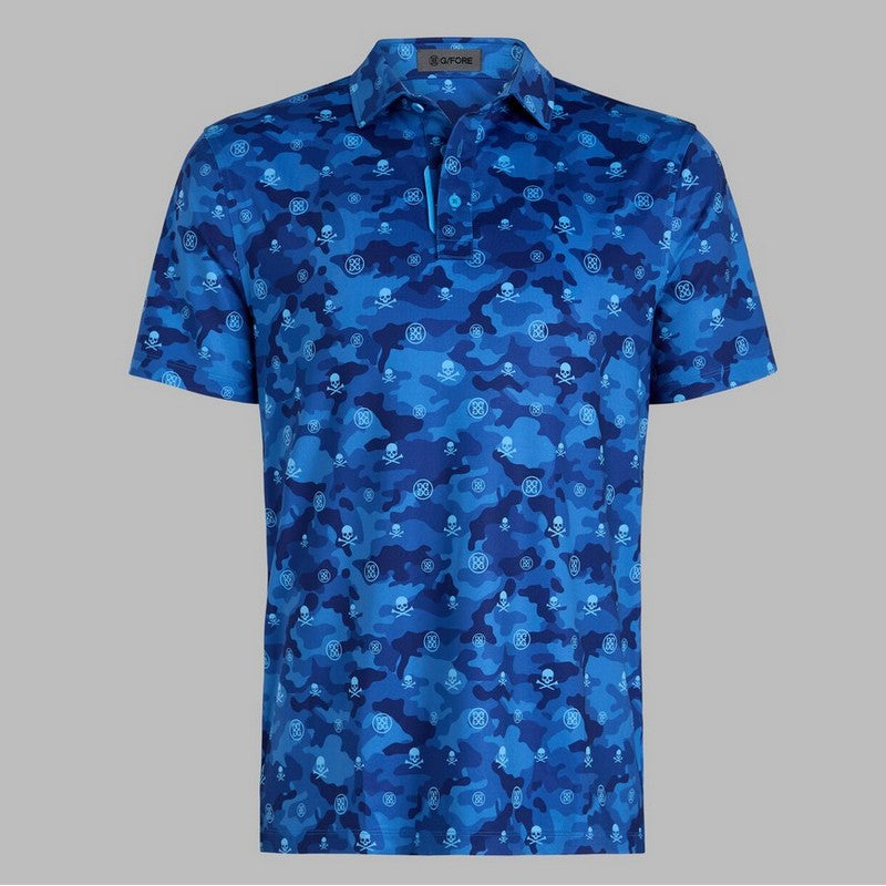 Blue camouflage patterned polo shirt on a gray background