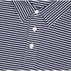 Close-up of a striped polo shirt collar and button placket, featuring thin navy and white horizontal stripes with white buttons.