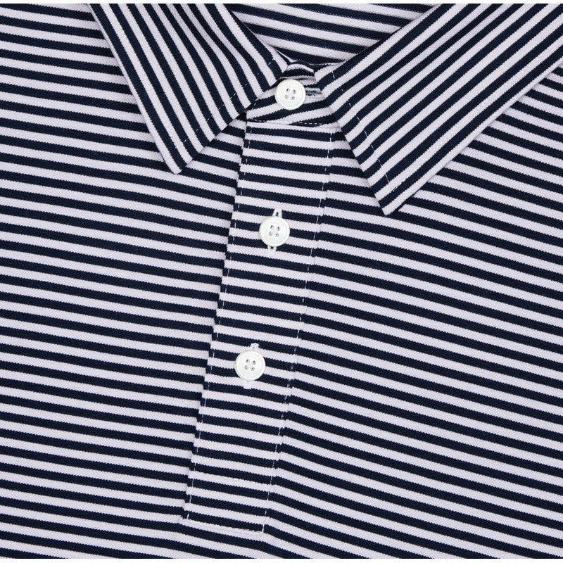 Close-up of a striped polo shirt collar and button placket, featuring thin navy and white horizontal stripes with white buttons.