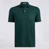 A dark green short-sleeve polo shirt with a classic collar, two-button placket, and a single chest pocket, displayed on a light gray background.