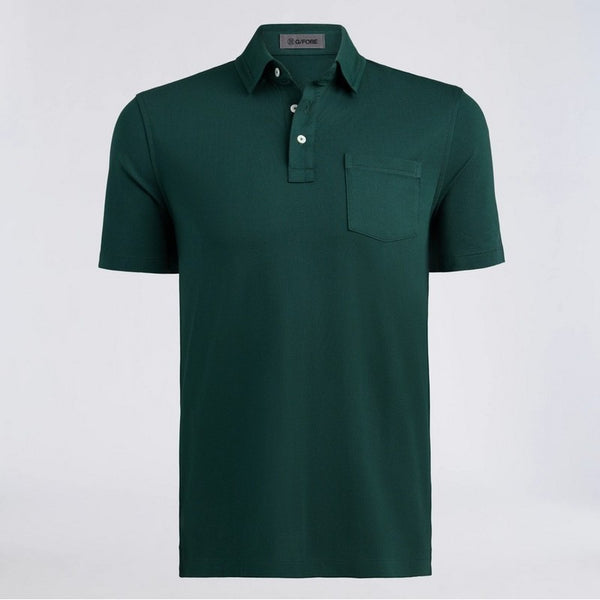 A dark green short-sleeve polo shirt with a classic collar, two-button placket, and a single chest pocket, displayed on a light gray background.