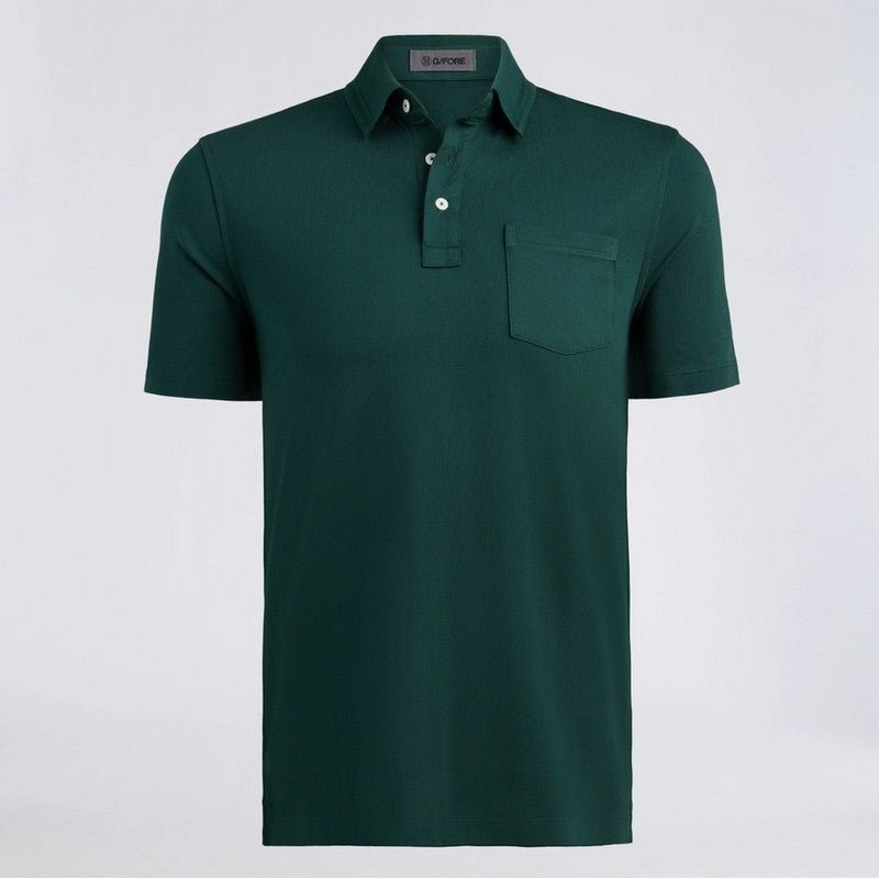A dark green short-sleeve polo shirt with a classic collar, two-button placket, and a single chest pocket, displayed on a light gray background.