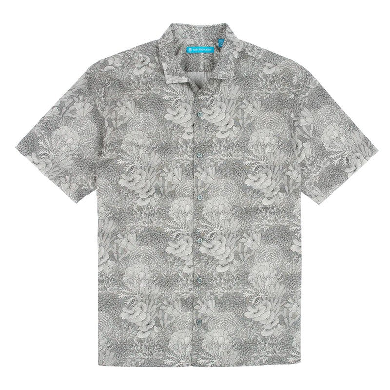 Short-sleeve shirt with floral pattern on a white background