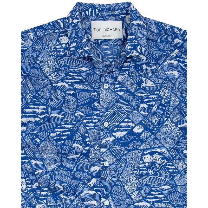 Blue patterned shirt with 'Tori Richard' label on a white background