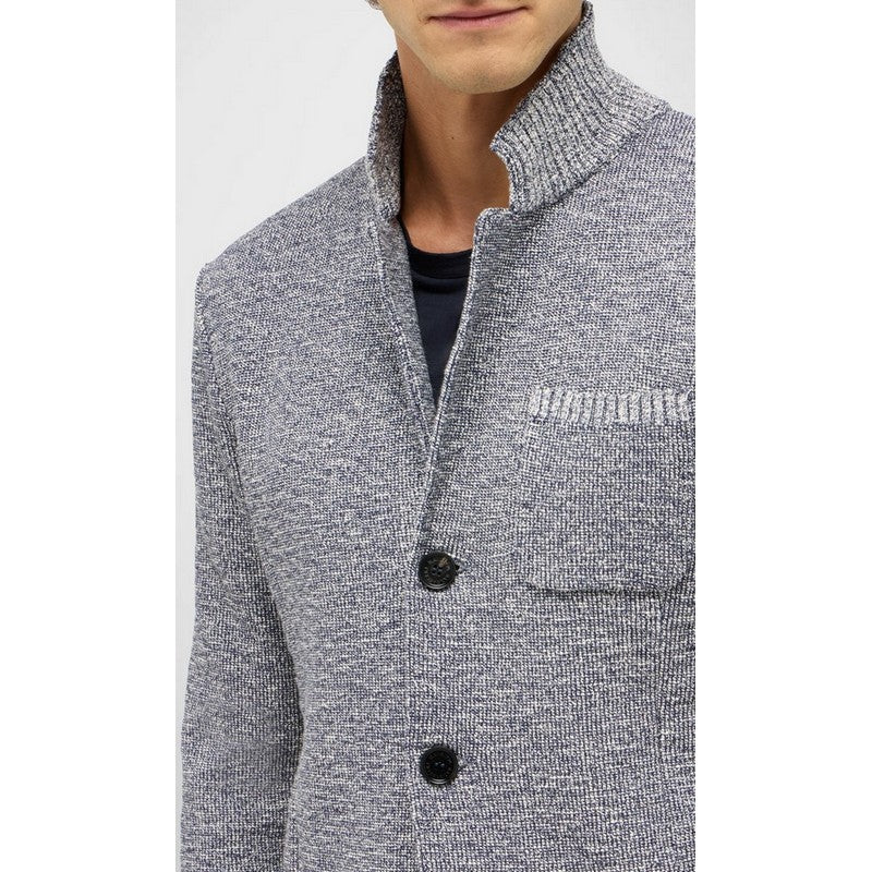 Gray knitted cardigan with black buttons on a white background