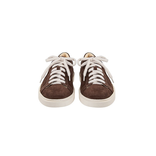 Brown suede sneakers with white laces on a white background