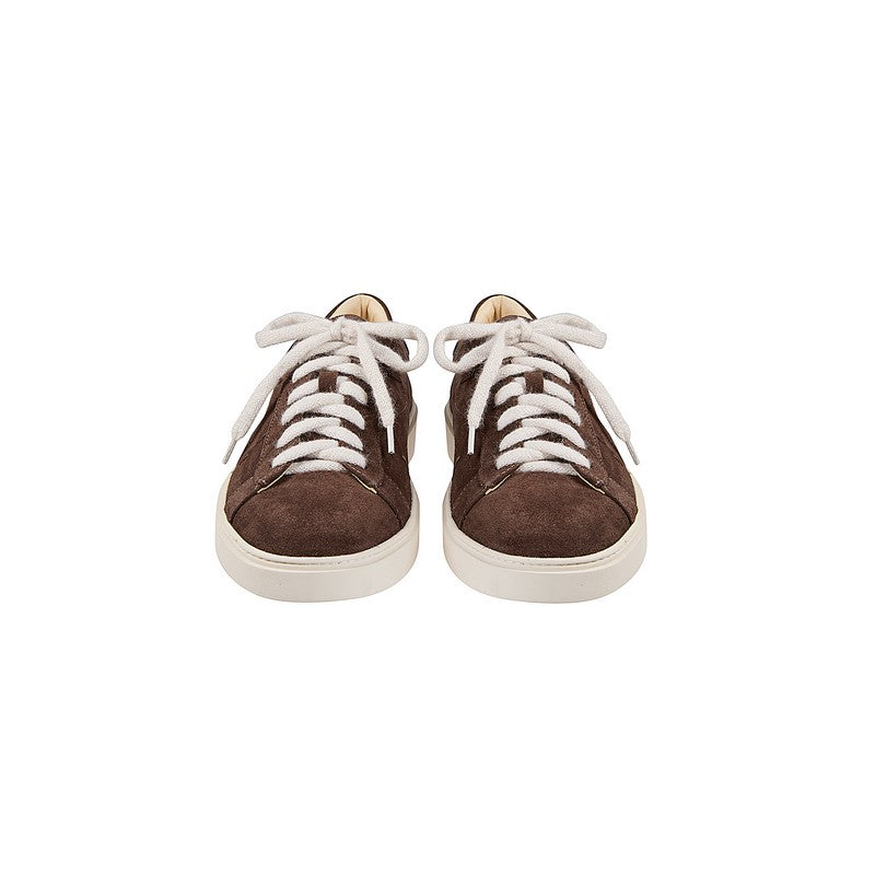 Brown suede sneakers with white laces on a white background