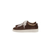 Brown suede sneakers with white laces on a white background