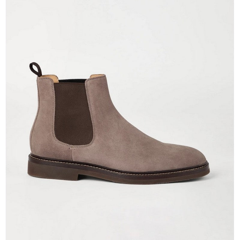 Brown suede Chelsea boot on a light gray background