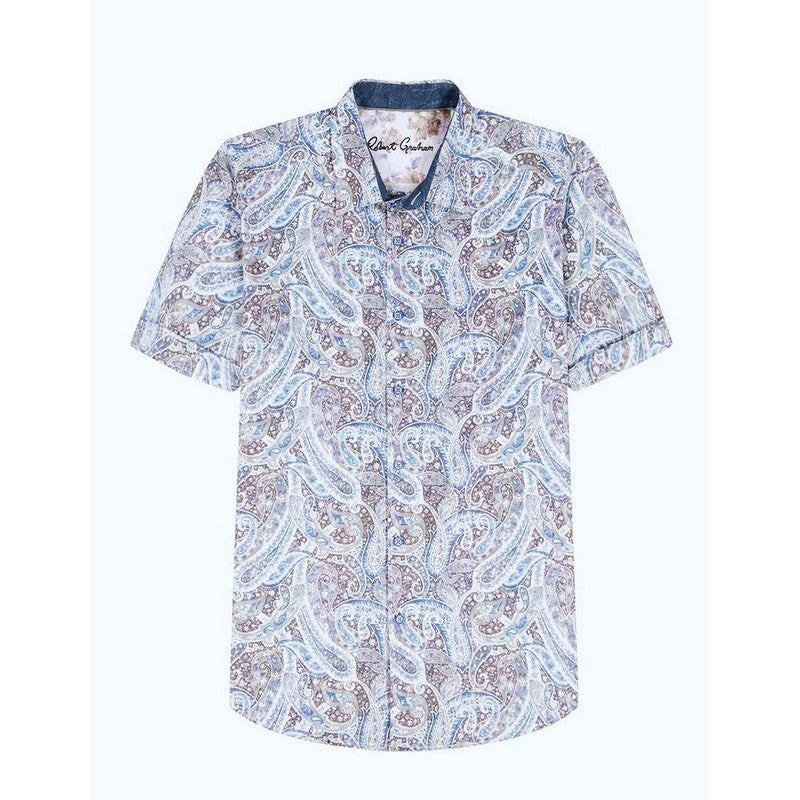 Short-sleeve shirt with paisley pattern on a white background