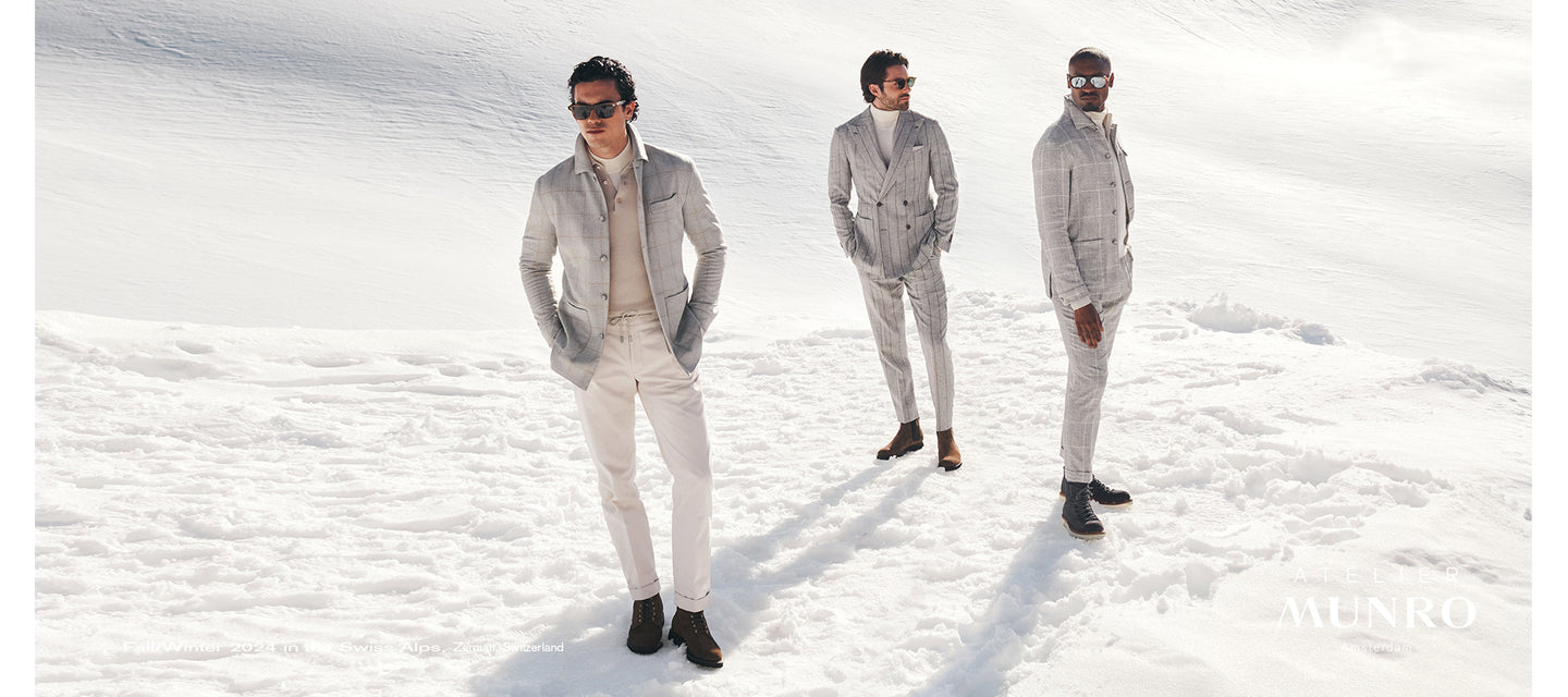 Atelier Munro Fall 2024 banner men in gray suits on snow mountain 