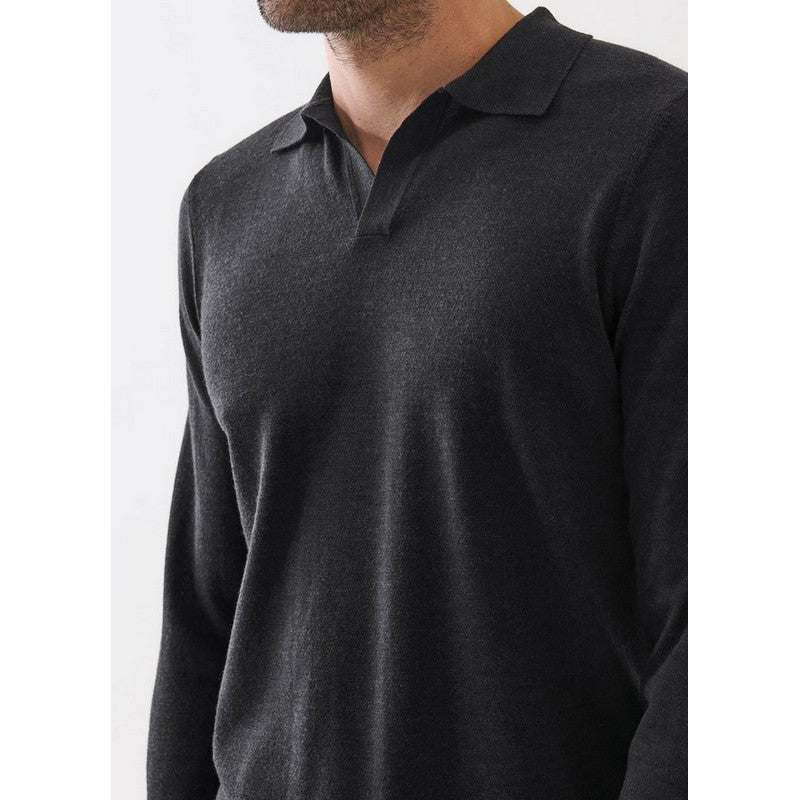 Dark gray long-sleeve polo shirt worn by a person on a white background