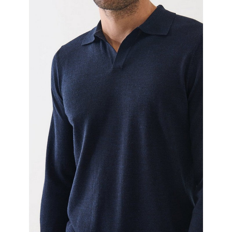 Navy long-sleeve polo shirt worn by a person on a white background