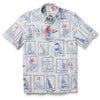 Short-sleeve shirt with sailboat pattern on a white background