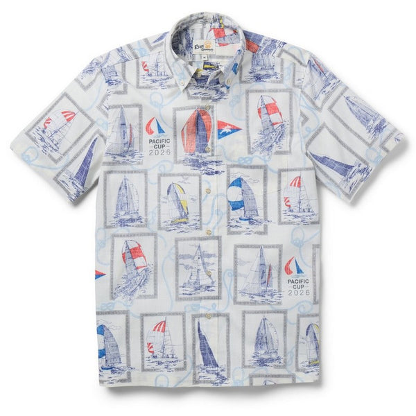 Short-sleeve shirt with sailboat pattern on a white background