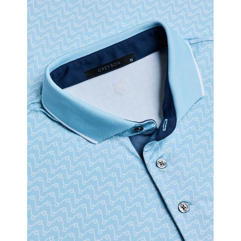 Light blue patterned shirt with collar and brand label on a matching background