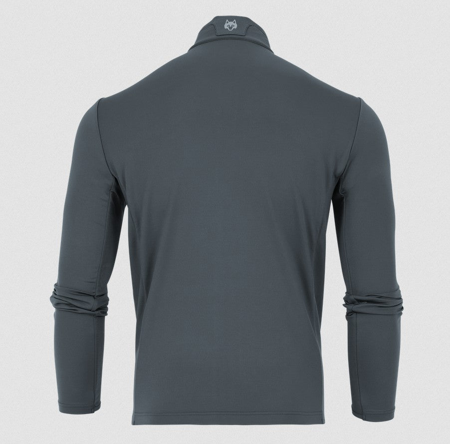 A dark gray long-sleeve quarter-zip performance top shown from the back, displayed on a ghost mannequin against a light gray background.
