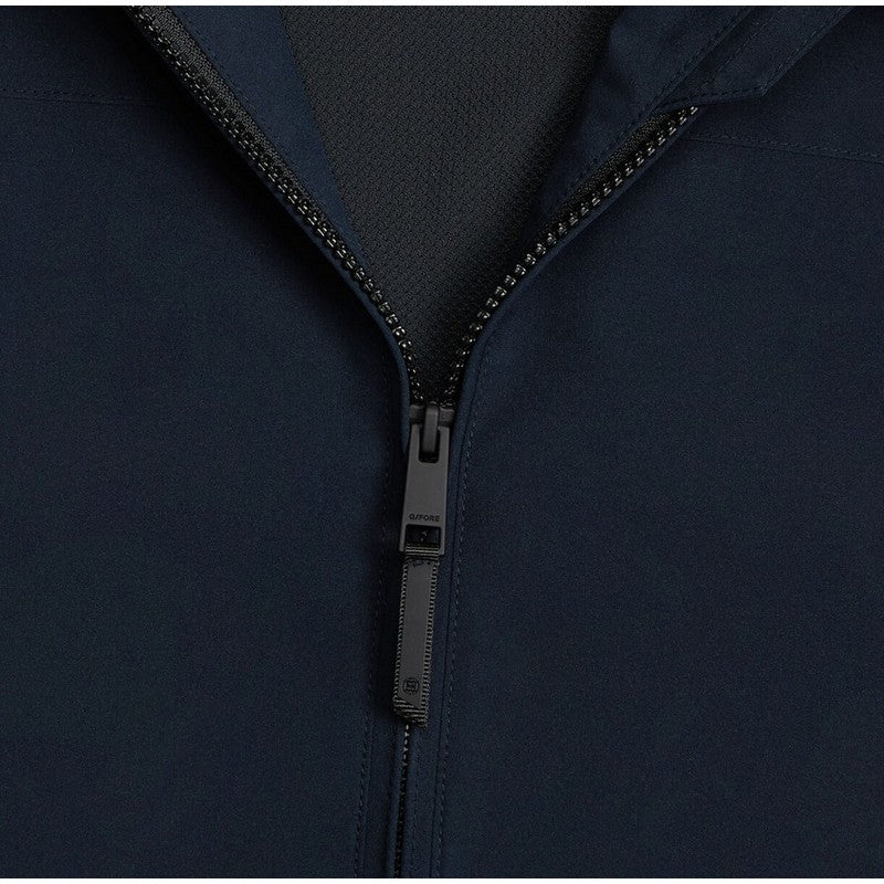 Close-up of a navy blue jacket zipper