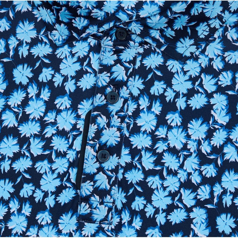 Close-up of a shirt with blue floral pattern on a navy background